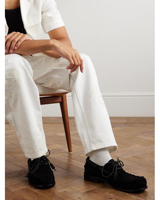 Dries Van Noten Black Leather-Trimmed Suede Boat Shoes for men