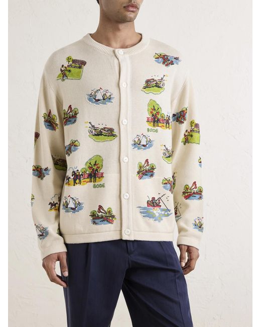 Bode Natural Camp Bead-embellished Jacquard-knit Wool And Cotton-blend Cardigan for men