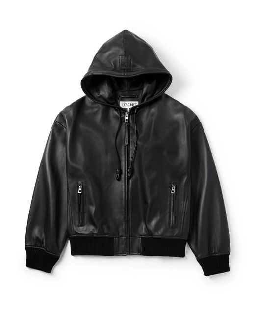 Loewe Black Leather Hooded Bomber Jacket for men