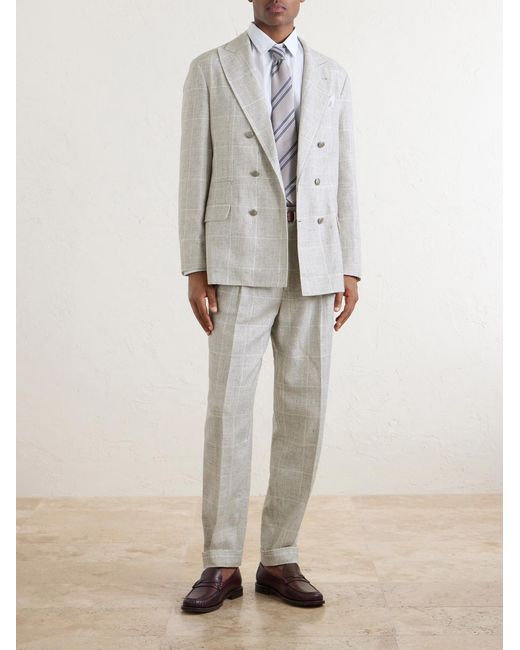 Brunello Cucinelli Gray Double-Breasted Checked Linen-Blend Suit Jacket for men