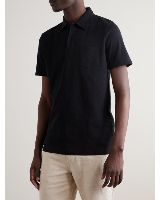 Sunspel Black Riviera Slim-fit Cotton-mesh Polo Shirt for men