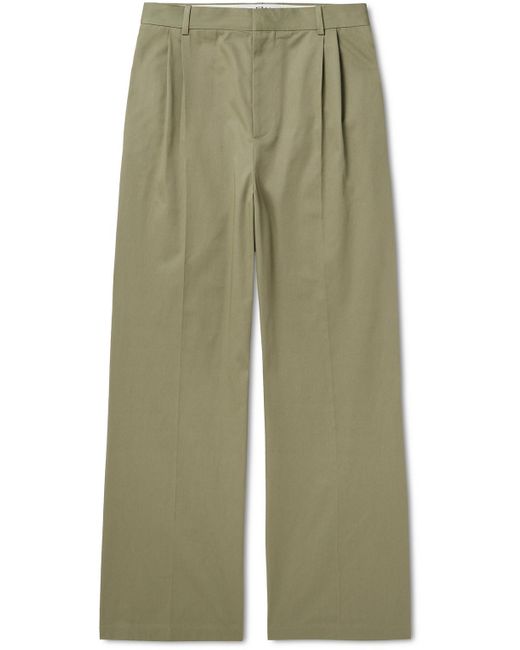 Loewe Green Wide-leg Pleated Logo-embroidered Cotton-twill Trousers for men