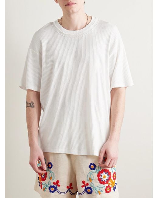 Bode White Marsh Embellished Tulle-Trimmed Ribbed Cotton-Jersey T-Shirt for men