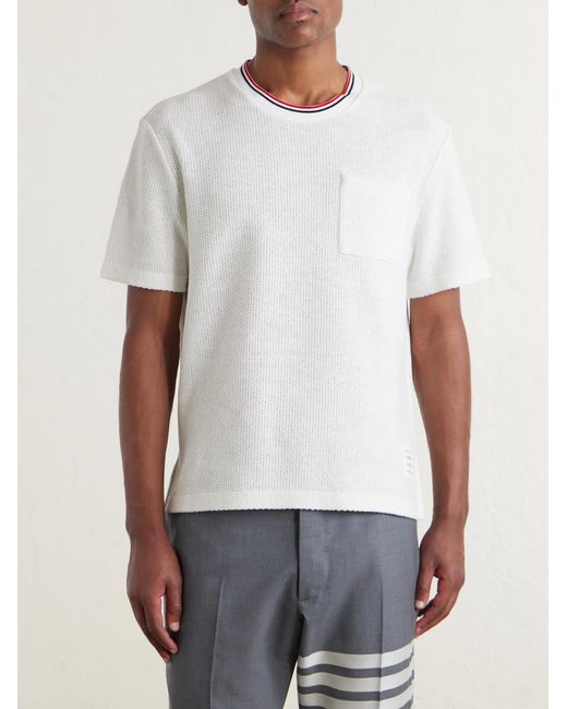 Thom Browne White Pointelle-Knit Cotton And Linen-Blend T-Shirt for men