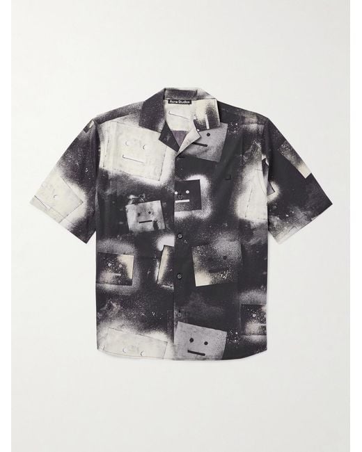 Acne Gray Sarlino Spray Camp-Collar Logo-Print Appliquéd Cotton-Poplin Shirt for men