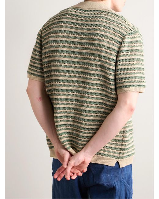 NN07 Green Henry 6636 Camp-collar Striped Crocheted Organic Cotton Shirt for men