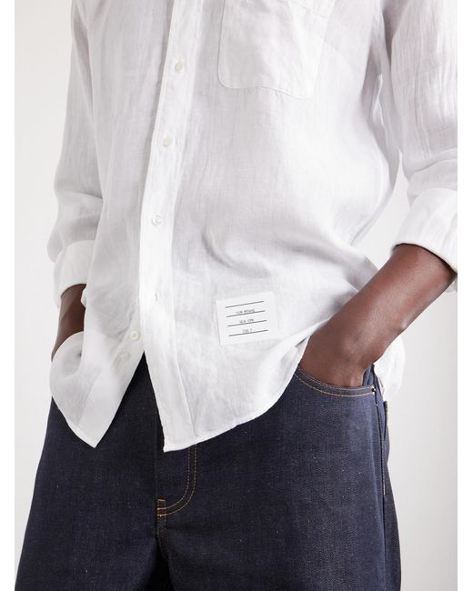 Thom Browne White Logo-Appliquéd 4-Bar Linen Shirt for men
