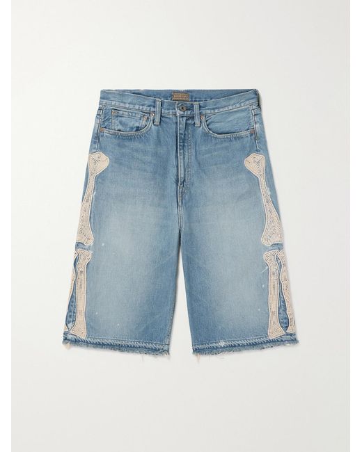 Kapital Blue Straight-Leg Appliquéd Distressed Denim Shorts for men