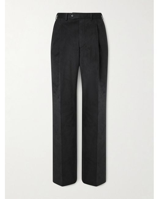 Saman Amel Black Straight-leg Pleated Peached Cotton-blend Trousers for men