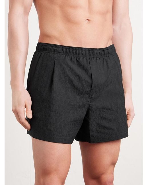 Our Legacy Black Boxer Trunk Straight-Leg Mid-Length Seersucker Swim Shorts for men