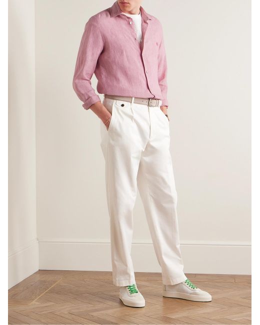 Etro Pink Slim-fit Logo-embroidered Linen Shirt for men