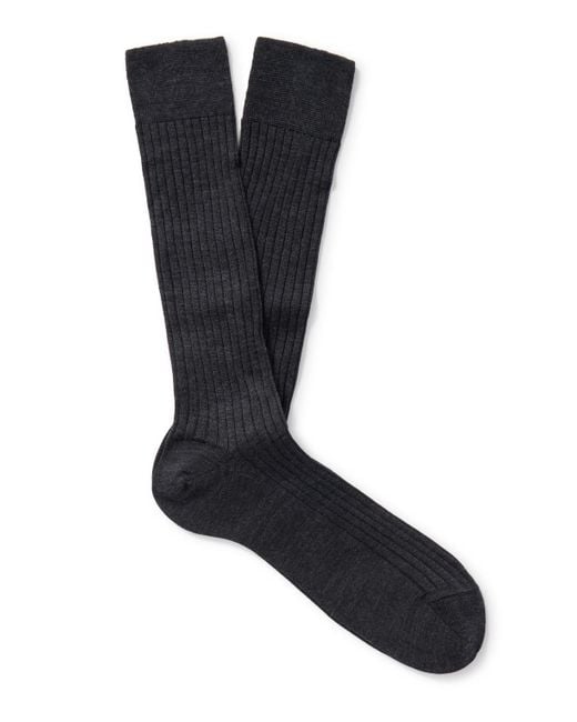 Mr P. Black Ribbed Merino Wool-blend Socks for men