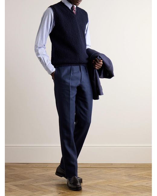 Drake's Blue Straight-Leg Pleated Linen Suit Trousers for men