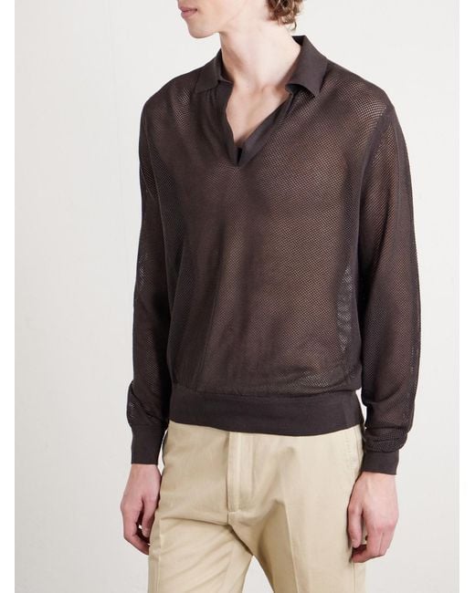 Tom Ford Black Open-knit Sea Island Cotton And Silk-blend Polo Shirt for men