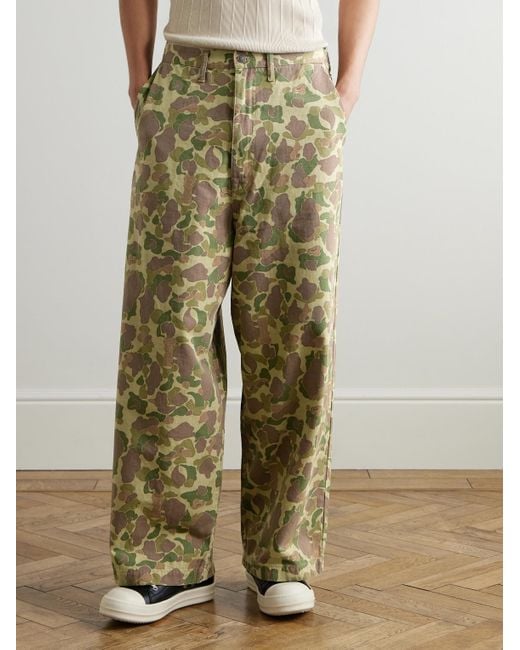 Kapital Green Wide-Leg Camouflage-Print Herringbone Cotton Trousers for men
