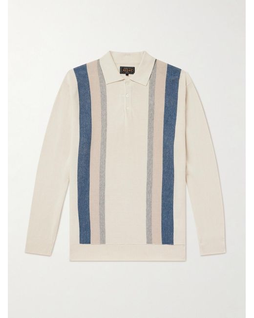 Beams Plus White Striped Knitted Polo Shirt for men