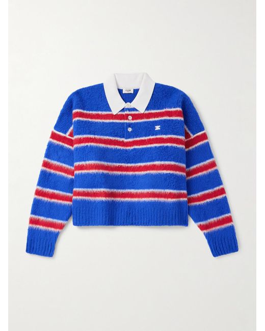 Céline Blue Cropped Logo-Embroidered Striped Brushed Cotton-Blend Polo Shirt for men