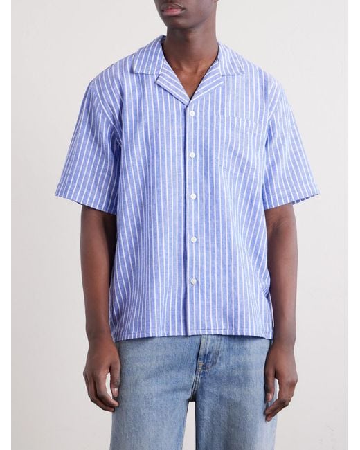 Corridor NYC Blue Camp-Collar Striped Linen And Cotton-Blend Shirt for men