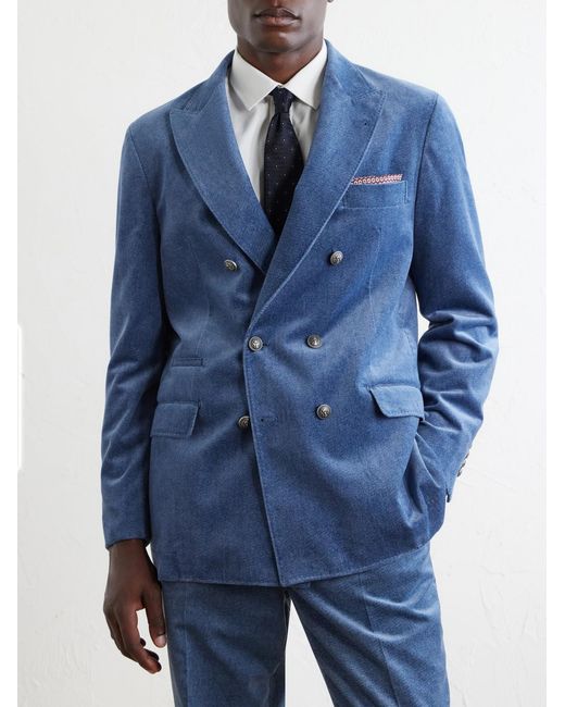 Brunello Cucinelli Blue Double-Breasted Cotton-Velvet Suit Jacket for men