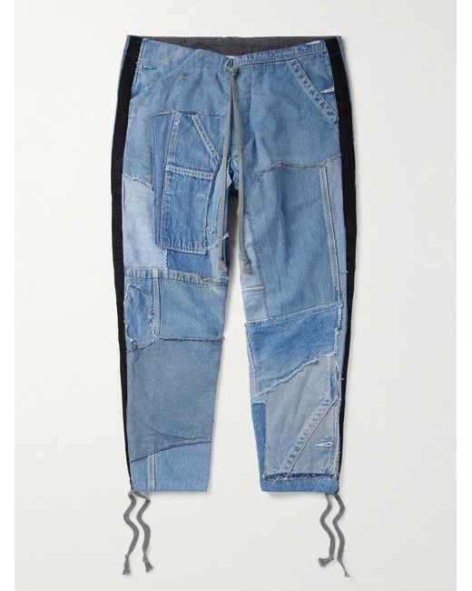 Greg Lauren Blue Tapered Cropped Frayed Patchwork Drawstring Jeans for men
