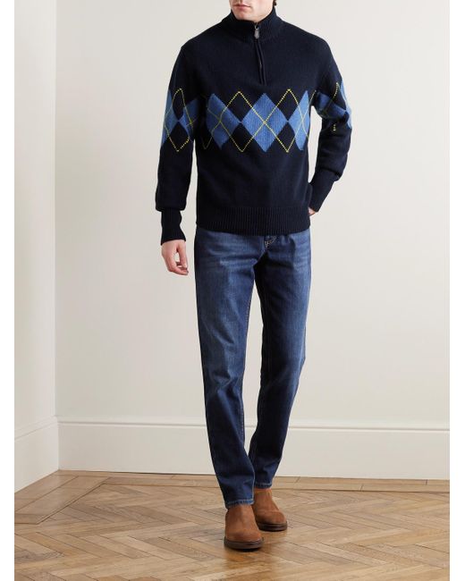 Kingsman Blue Argylle Jacquard-knit Wool Half-zip Sweater for men
