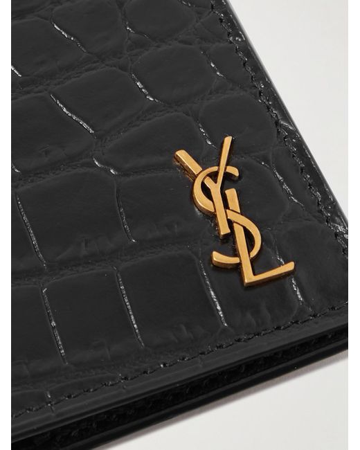 Saint Laurent Black Cassandre Logo-Appliquéd Croc-Effect Leather Passport Cover for men