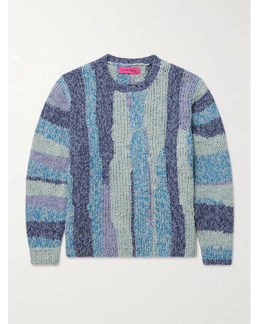 The Elder Statesman Blue Striped Crocheted Organic Cotton Sweater for men