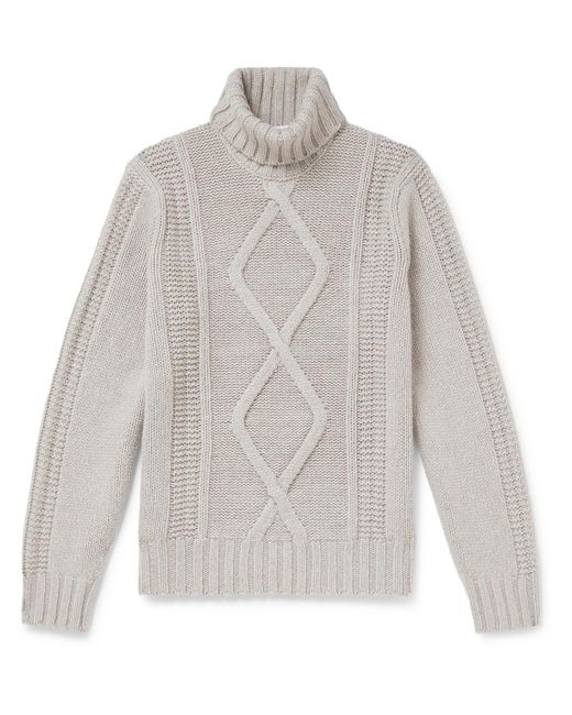 Brunello Cucinelli White Cable-Knit Cashmere Rollneck Sweater for men