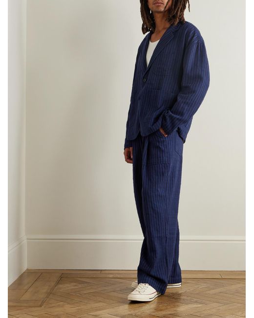 Kardo Blue Yuki Wide-Leg Pleated Striped Cotton Suit Trousers for men