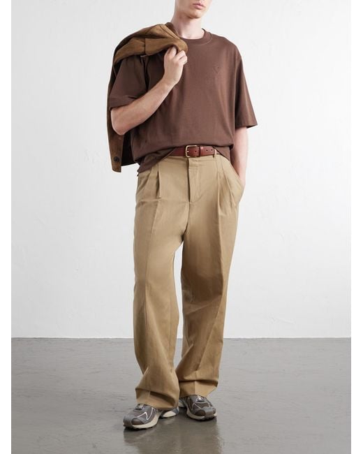 AMI Brown Logo-Embroidered Cotton-Jersey T-Shirt for men