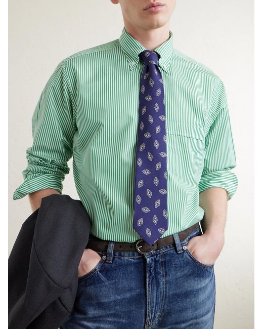 Drake's Green Button-Down Collar Striped Cotton-Poplin Shirt for men