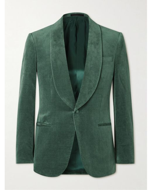 Kingsman Green Shawl-collar Cotton And Linen-blend Velvet Tuxedo Jacket for men