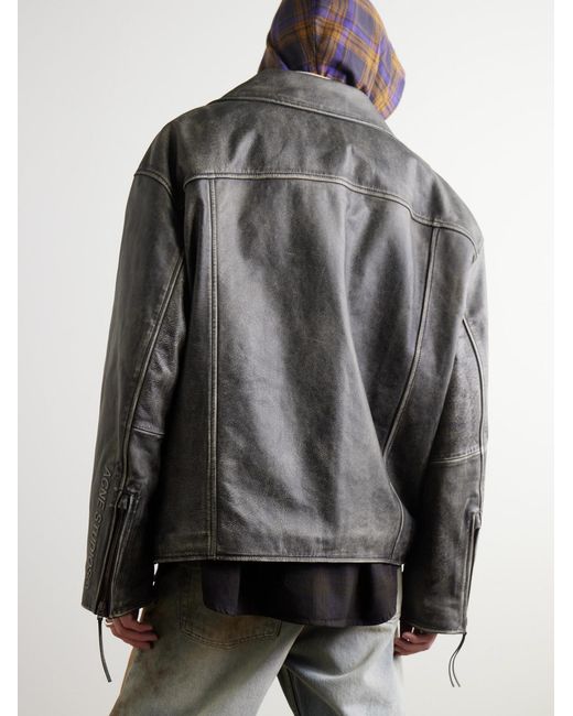 Acne Gray Logo-Embossed Leather Biker Jacket for men