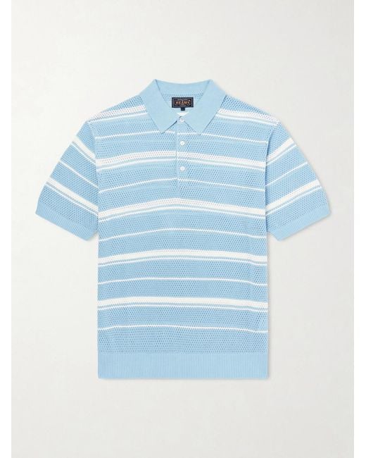 Beams Plus Blue Striped Knitted Cotton Polo Shirt for men
