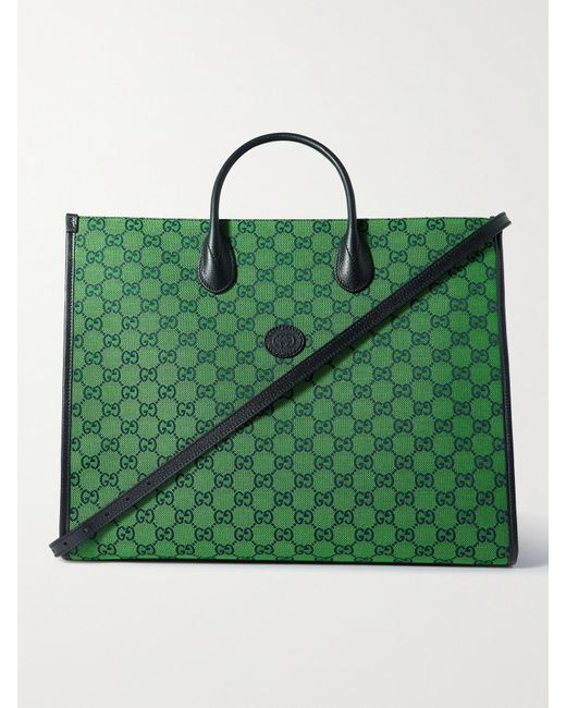 Gucci Green Leather-trimmed Monogrammed Coated-canvas Tote Bag for men