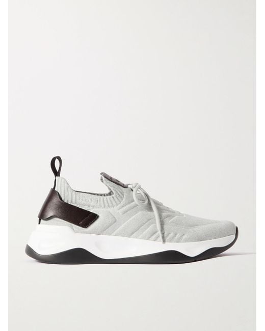 Berluti White Shadow Leather-trimmed Stretch-knit Sneakers for men