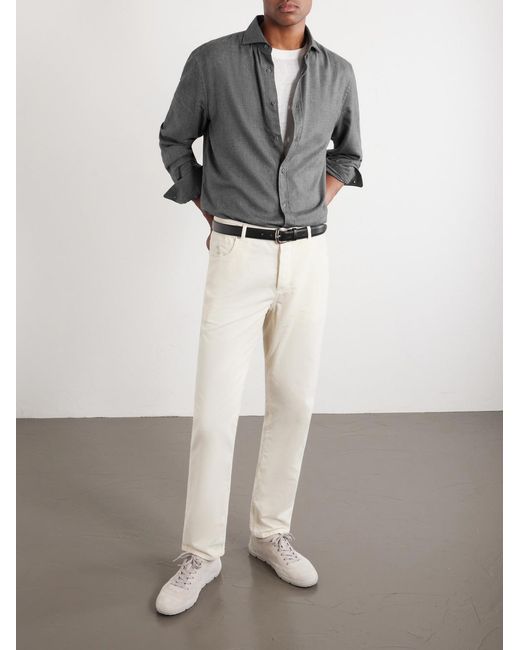 Brunello Cucinelli Gray Herringbone Cotton And Lyocell-Blend Shirt for men