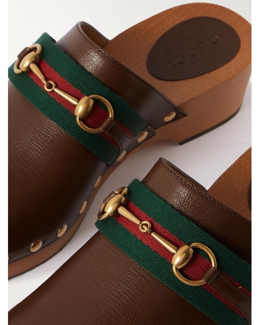 Gucci Brown Horsebit Webbing-Trimmed Leather Clogs for men