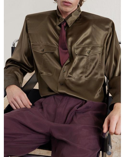 Saint Laurent Purple Tapered Belted Pleated Silk Trousers for men