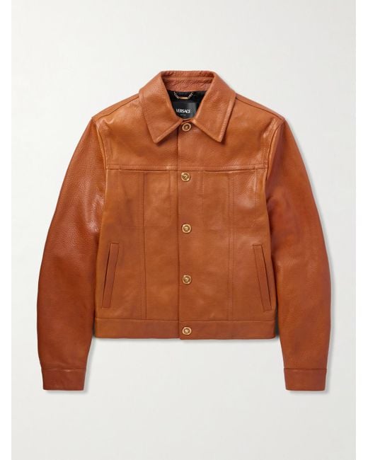 Versace Brown Full-Grain Leather Jacket for men