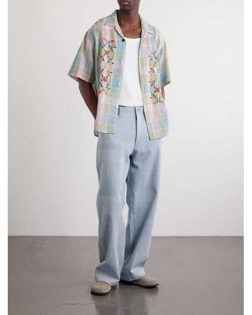 Kardo Blue Ronen Camp-Collar Floral-Embroidered Checked Cotton And Linen-Blend Shirt for men