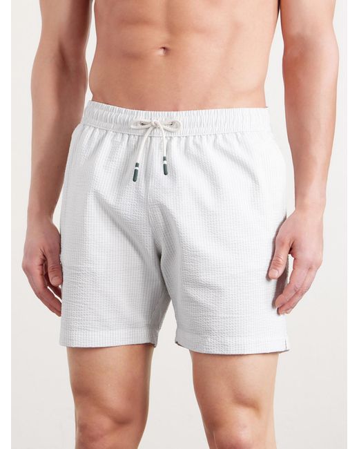 Hartford White Straight-Leg Mid-Length Striped Seersucker Swim Shorts for men