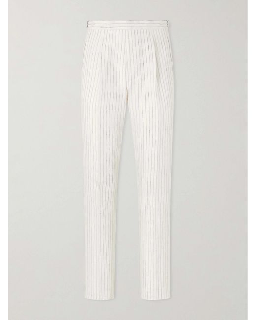 Mr P. White Tapered Pleated Pinstriped Linen Suit Trousers for men