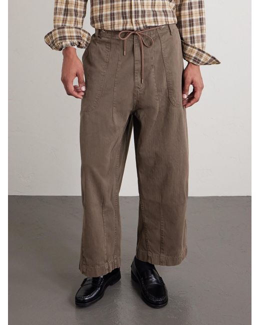 CHERRY LA Brown Herringbone Cotton Drawstring Trousers for men