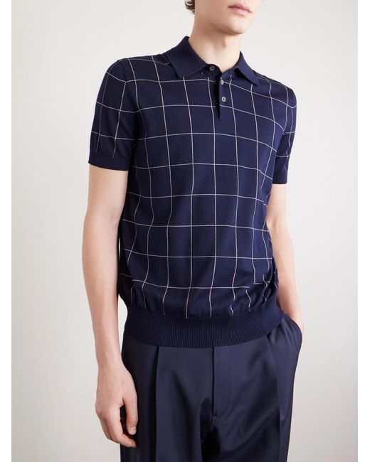Dunhill Blue Checked Cotton And Mulberry Silk-Blend Jacquard Polo Shirt for men