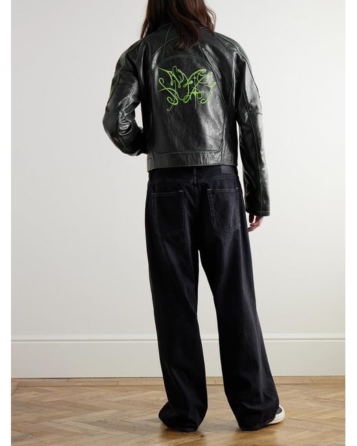 Acne Black Logo-Embroidered Panelled Leather Jacket for men