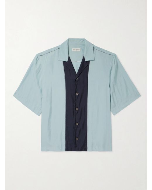 Dries Van Noten Blue Camp-collar Colour-block Embroidered Satin Shirt for men