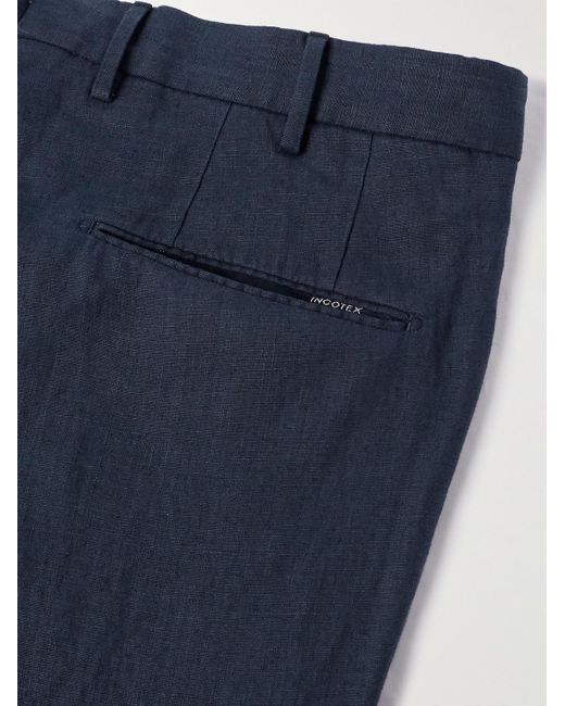Incotex Blue Pleated Linen Trousers for men