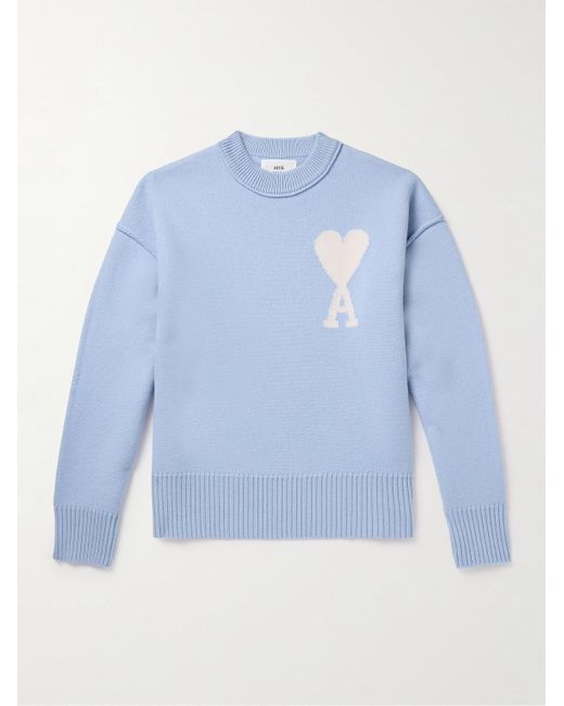 AMI Blue Logo-intarsia Virgin Wool Sweater for men