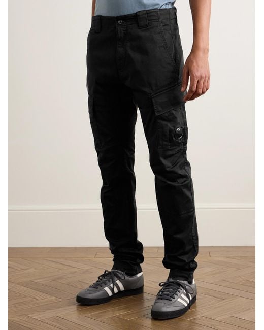 C P Company Black Slim-Fit Tapered Logo-Appliquéd Stretch-Cotton Sateen Cargo Trousers for men